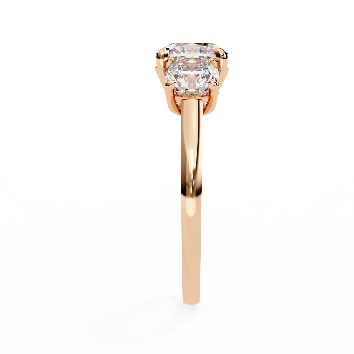 Rose Gold Three Stone Cushion Cut Diamond Trilogy Ring