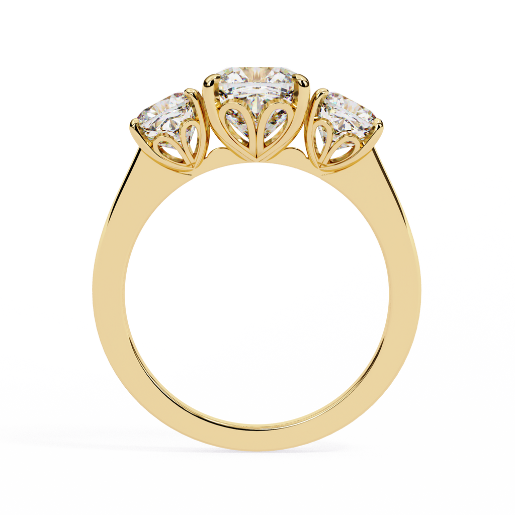 Yellow Gold Three Stone Cushion Cut Diamond Trilogy Ring