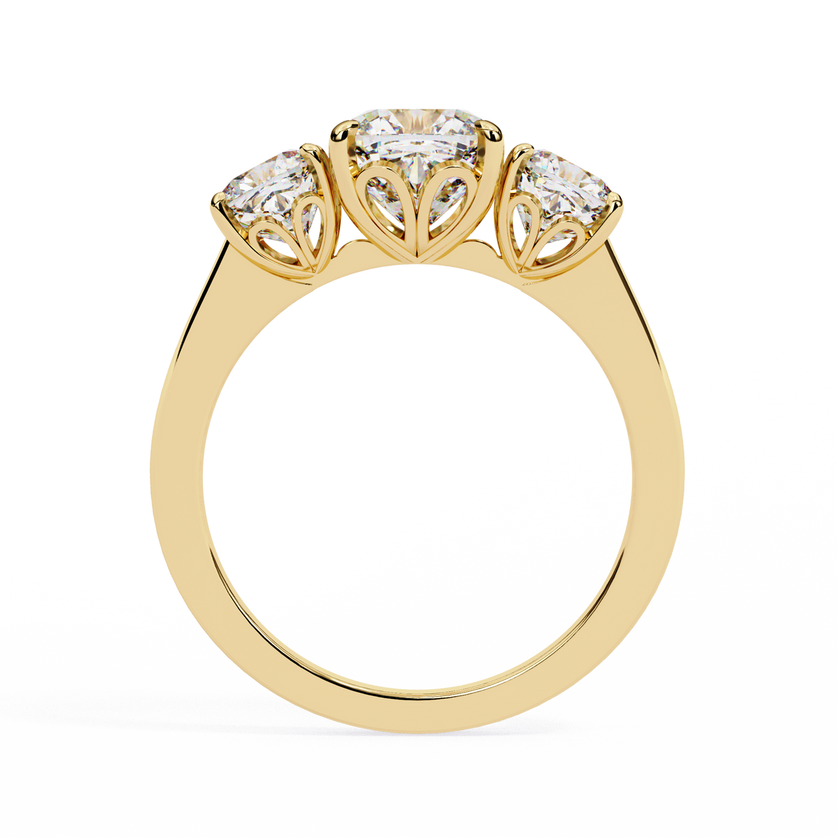 Yellow Gold Three Stone Cushion Cut Diamond Trilogy Ring