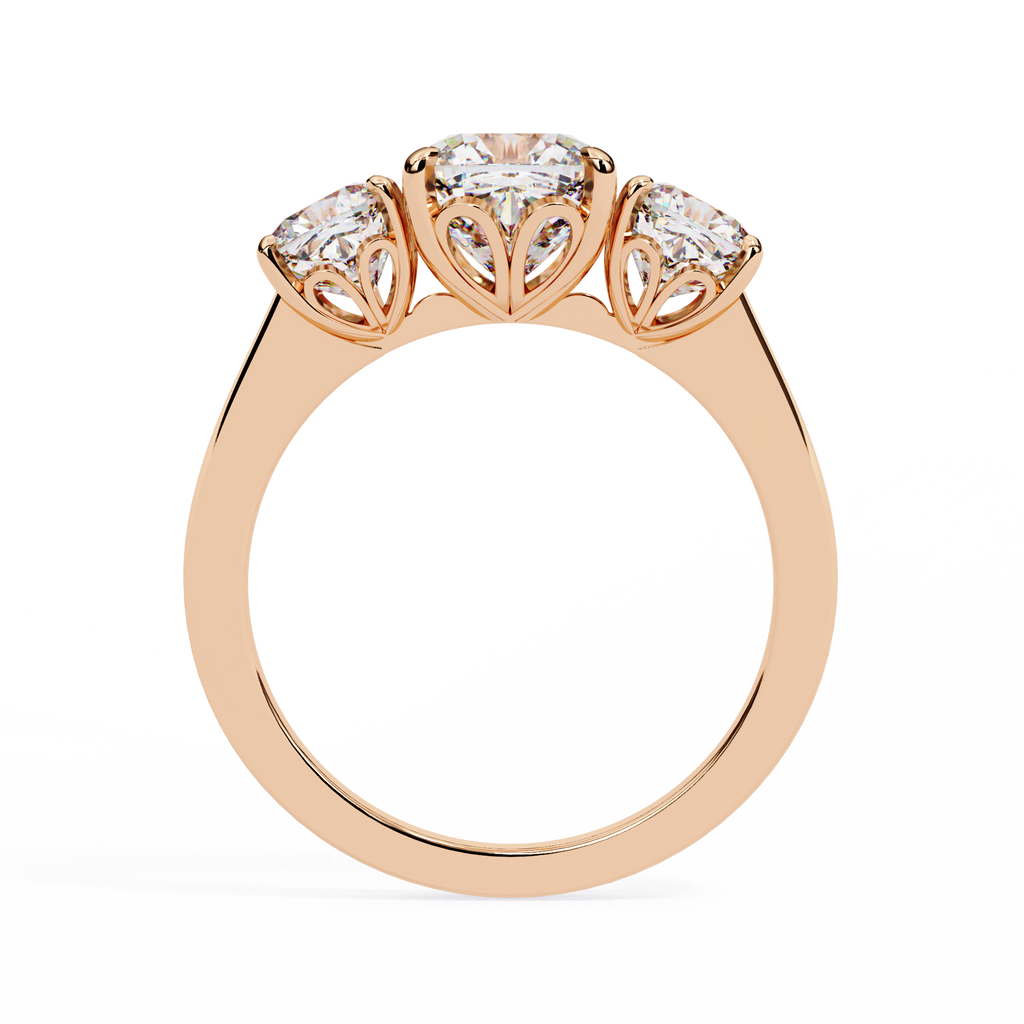 Rose Gold Three Stone Cushion Cut Diamond Trilogy Ring