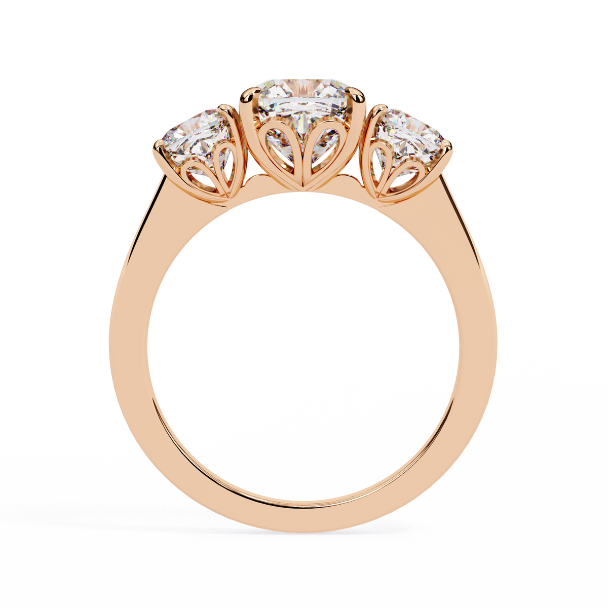 Rose Gold Three Stone Cushion Cut Diamond Trilogy Ring