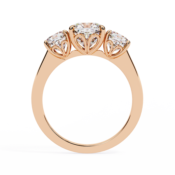Rose Gold Three Stone Cushion Cut Diamond Trilogy Ring