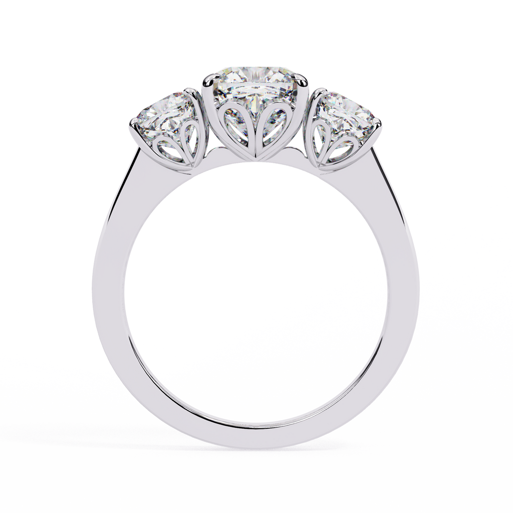 White Gold Three Stone Cushion Cut Diamond Trilogy Ring