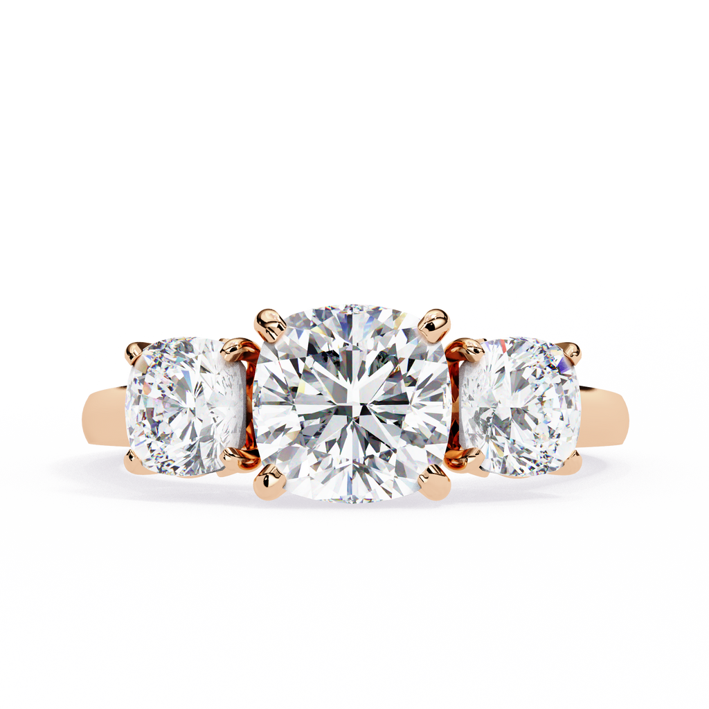 Rose Gold Three Stone Cushion Cut Diamond Trilogy Ring