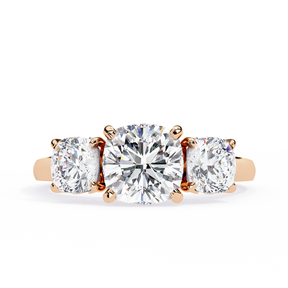 Rose Gold Three Stone Cushion Cut Diamond Trilogy Ring