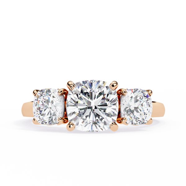 Rose Gold Three Stone Cushion Cut Diamond Trilogy Ring