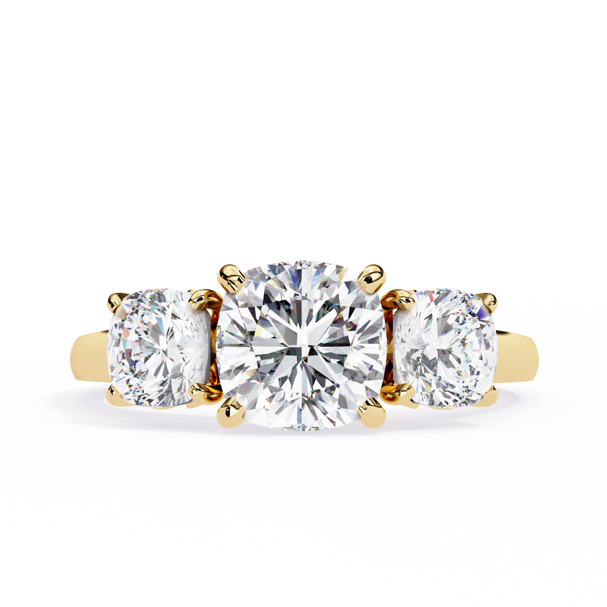 Yellow Gold Three Stone Cushion Cut Diamond Trilogy Ring