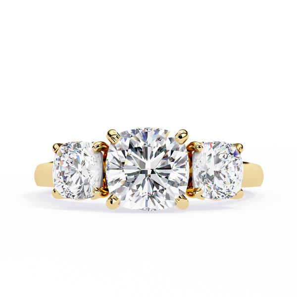 Yellow Gold Three Stone Cushion Cut Diamond Trilogy Ring