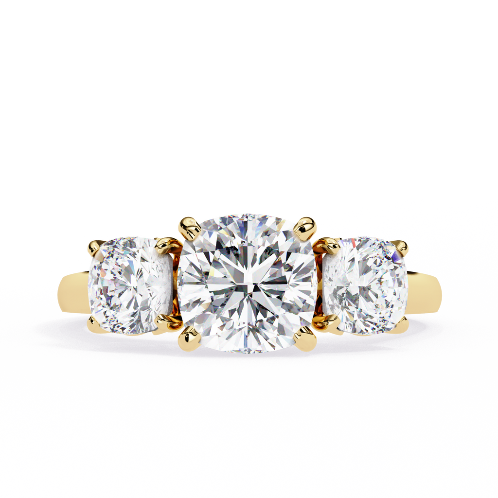 Yellow Gold Three Stone Cushion Cut Diamond Trilogy Ring