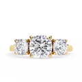 Yellow Gold Three Stone Cushion Cut Diamond Trilogy Ring