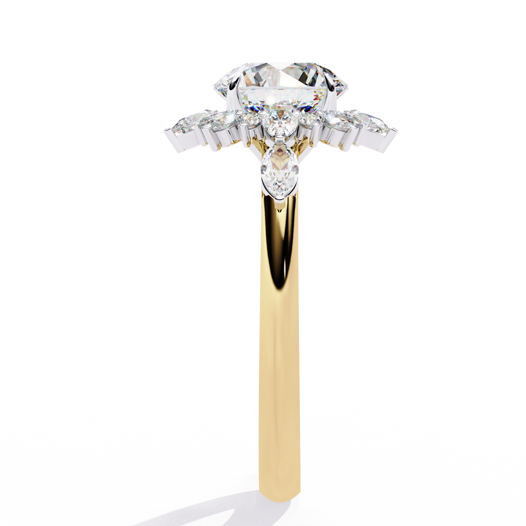 Yellow Gold Round Diamond Starburst Halo Engagement Ring