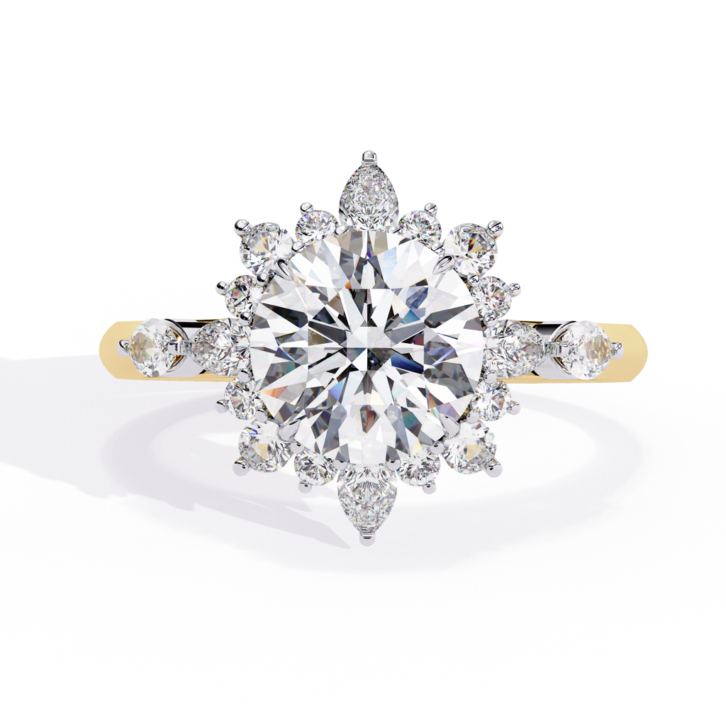 Yellow Gold Round Diamond Starburst Halo Engagement Ring