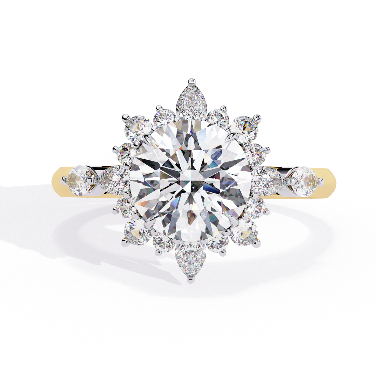 Yellow Gold Round Diamond Starburst Halo Engagement Ring