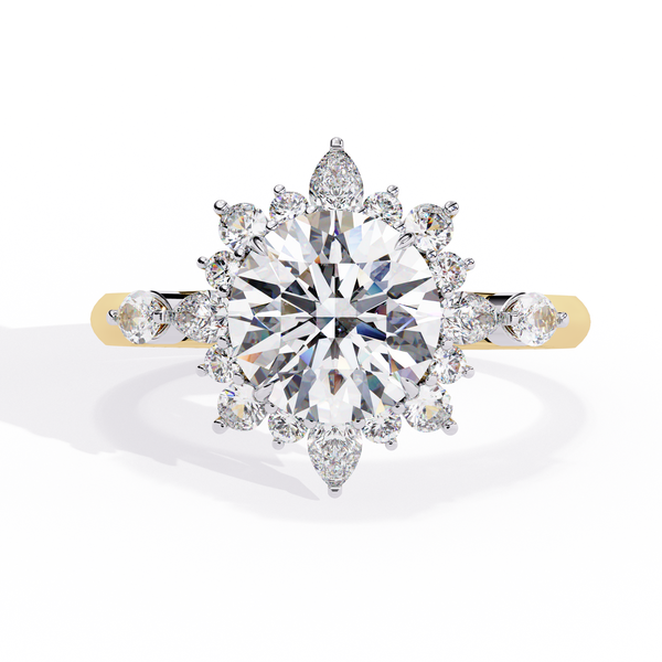 Yellow Gold Round Diamond Starburst Halo Engagement Ring