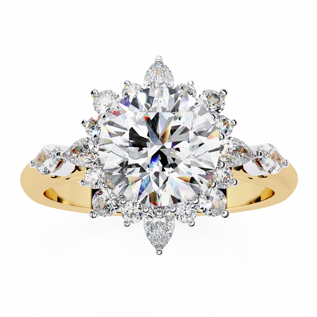 Yellow Gold Round Diamond Starburst Halo Engagement Ring