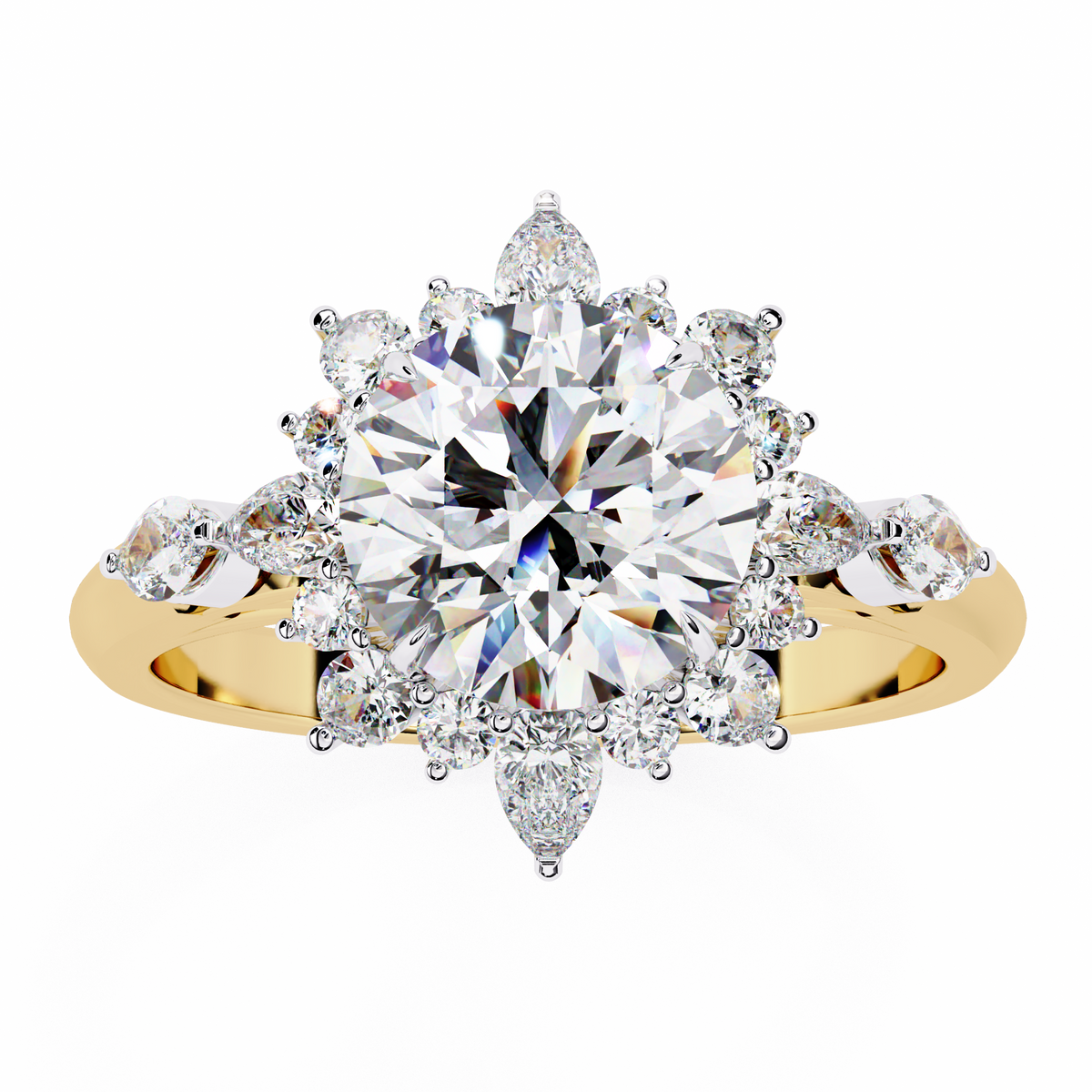 Yellow Gold Round Diamond Starburst Halo Engagement Ring