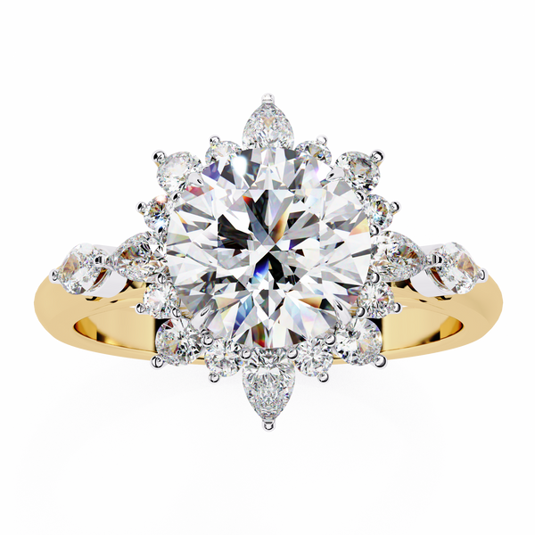 Yellow Gold Round Diamond Starburst Halo Engagement Ring