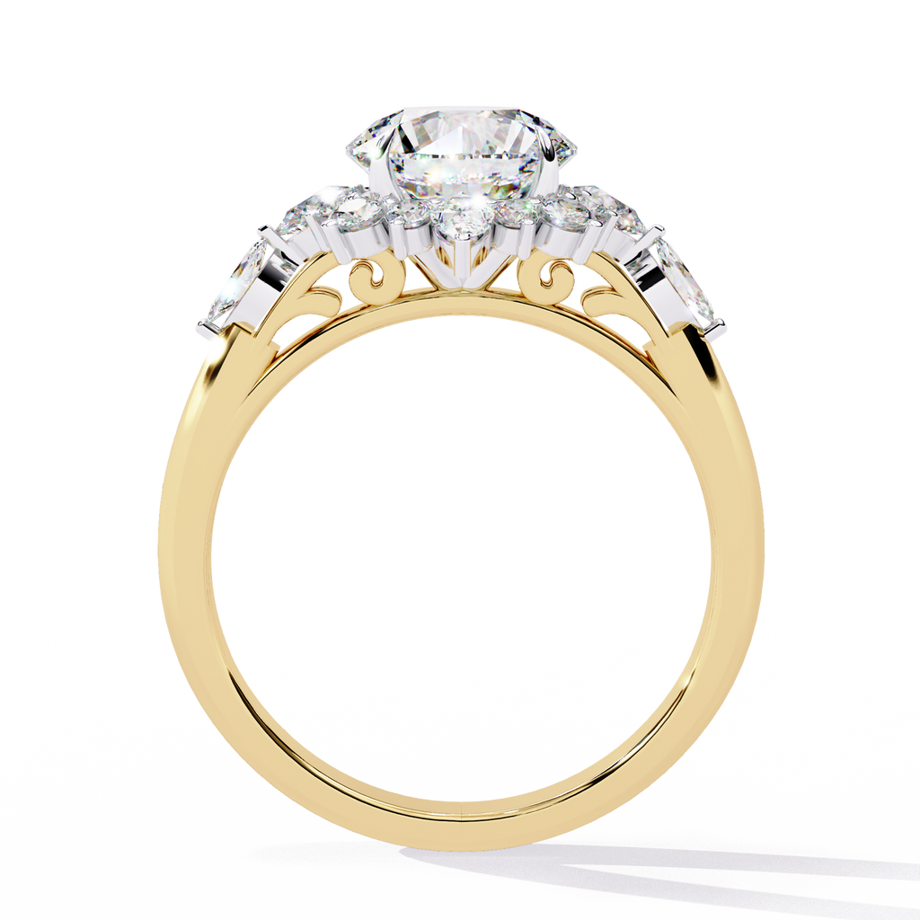 Yellow Gold Round Diamond Starburst Halo Engagement Ring