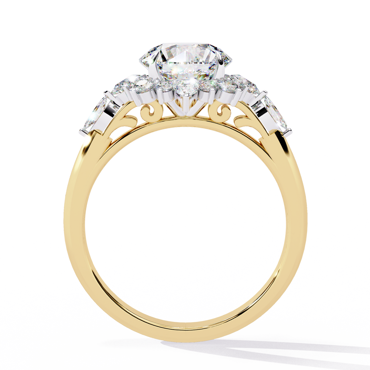 Yellow Gold Round Diamond Starburst Halo Engagement Ring