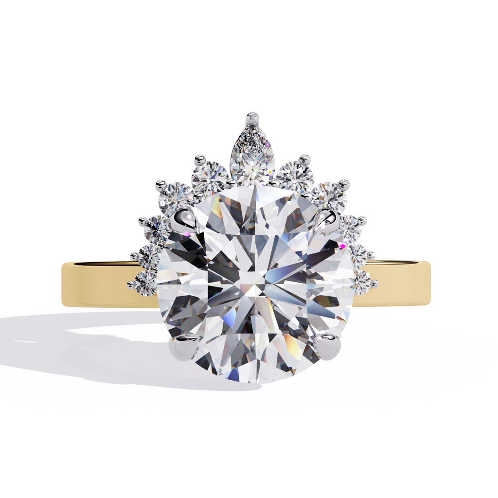 Yellow Gold Round Diamond Crown Halo Solitaire Ring
