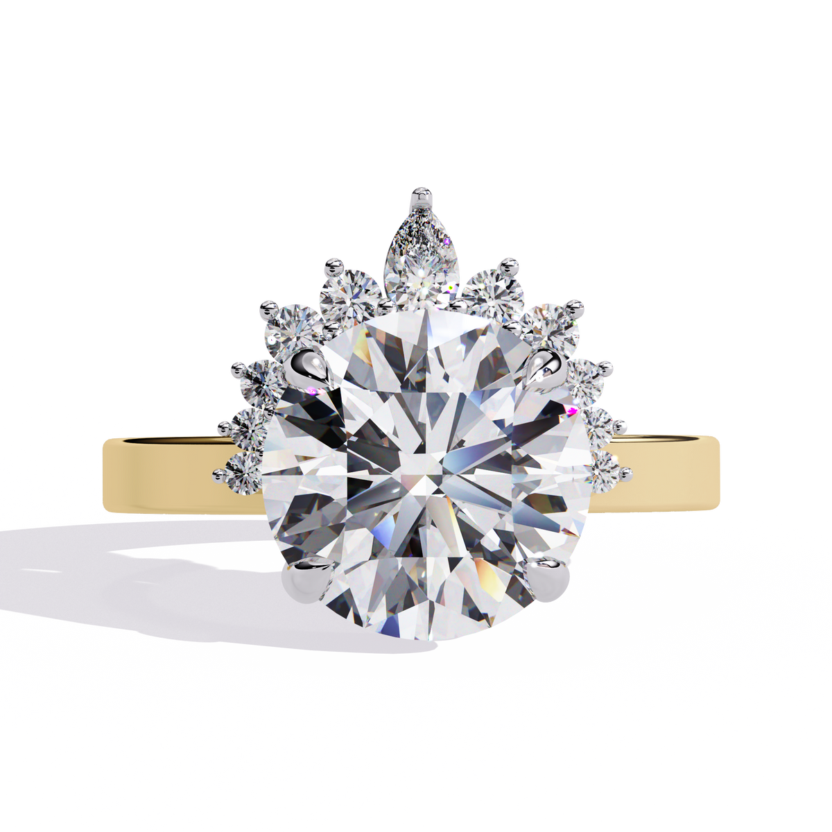 Yellow Gold Round Diamond Crown Halo Solitaire Ring