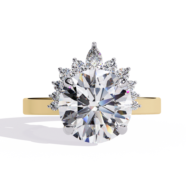 Yellow Gold Round Diamond Crown Halo Solitaire Ring