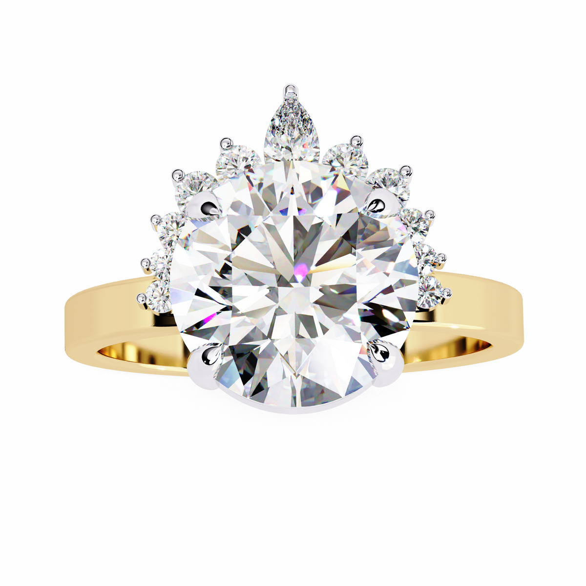 Yellow Gold Round Diamond Crown Halo Solitaire Ring