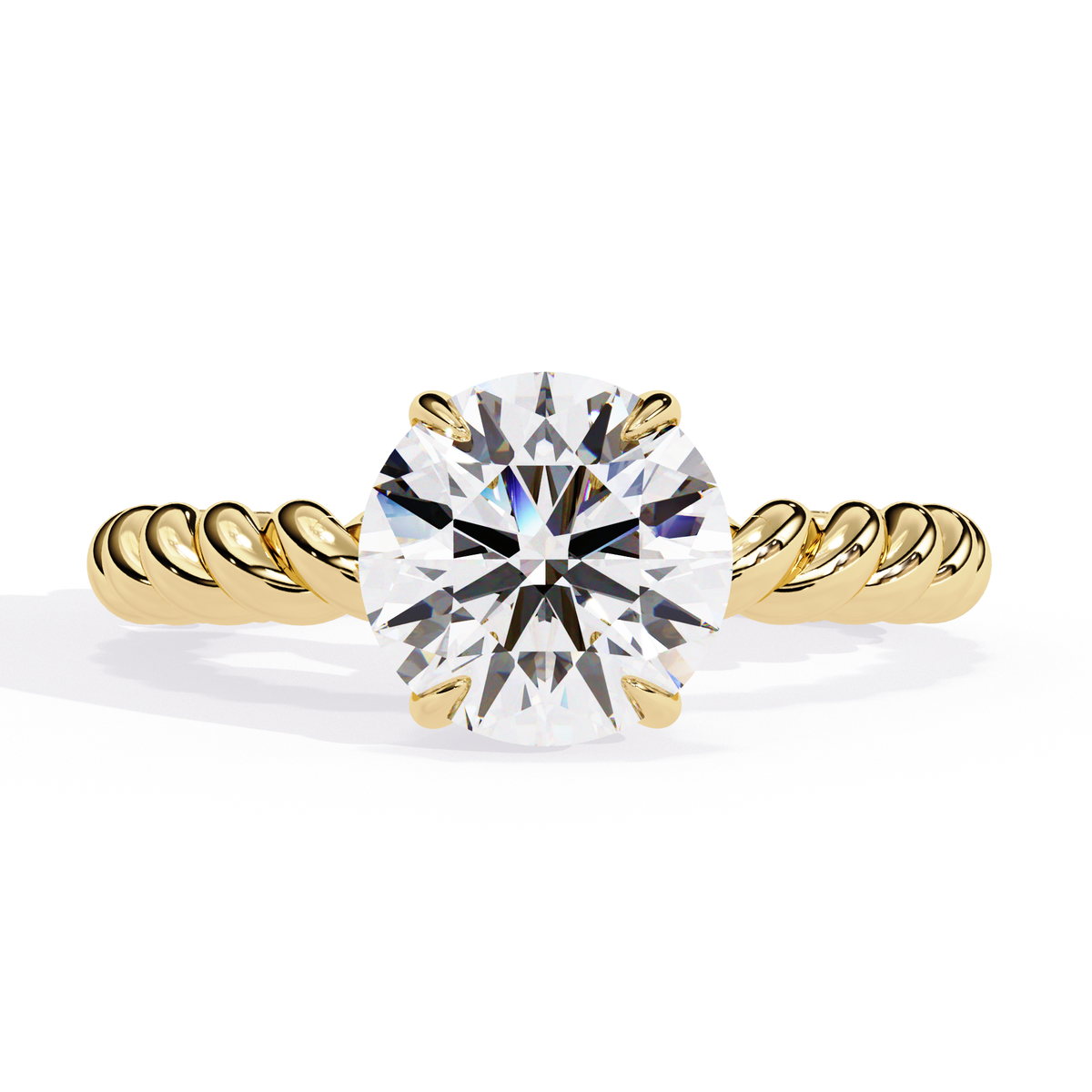 Yellow Gold Round Diamond Rope Twist Solitaire Ring