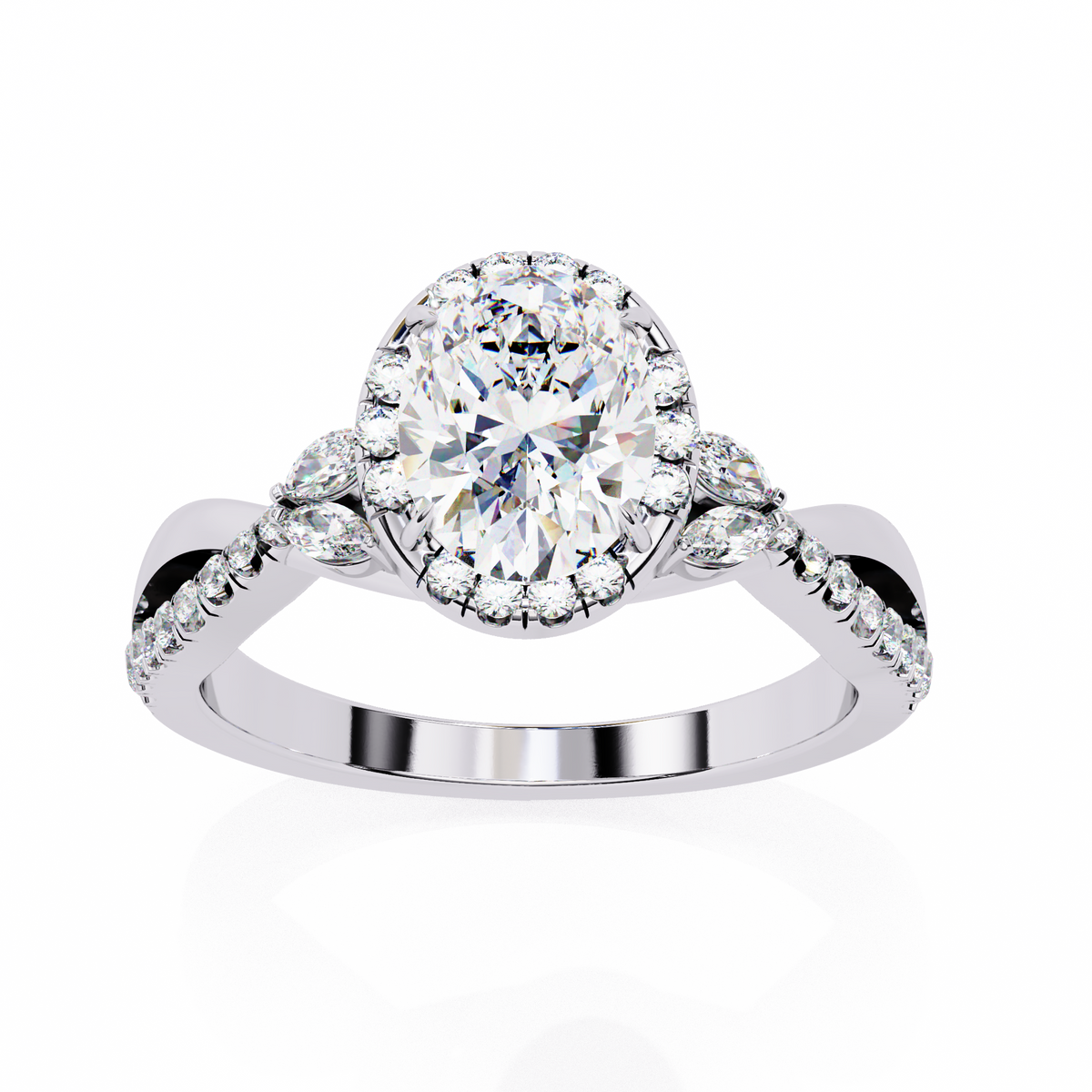 White Gold Oval Cut Diamond Halo Ring with Marquise Accents and Twisted Pavé Band