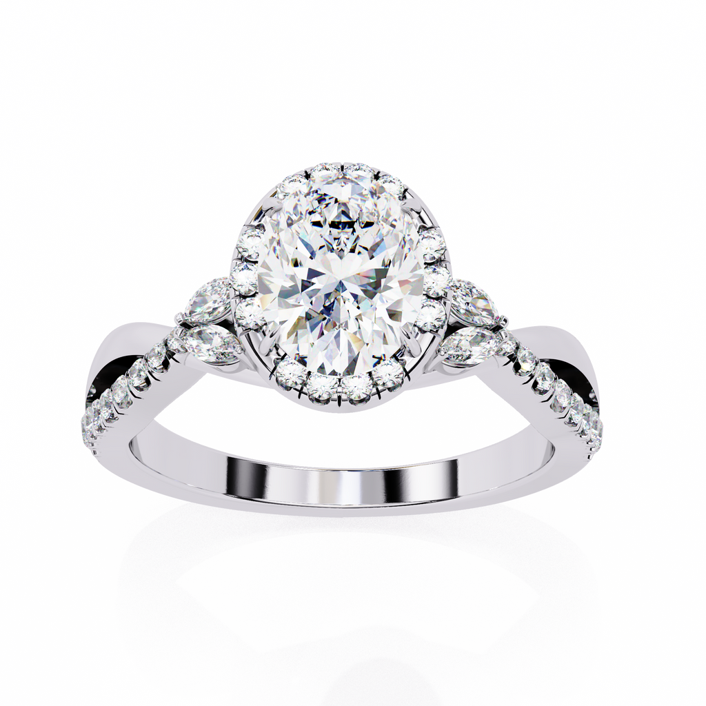 White Gold Oval Cut Diamond Halo Ring with Marquise Accents and Twisted Pavé Band