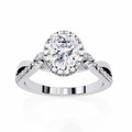White Gold Oval Cut Diamond Halo Ring with Marquise Accents and Twisted Pavé Band