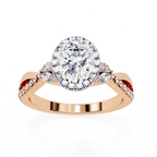 Rose Gold Oval Cut Diamond Halo Ring with Marquise Accents and Twisted Pavé Band