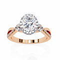 Rose Gold Oval Cut Diamond Halo Ring with Marquise Accents and Twisted Pavé Band