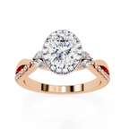 Rose Gold Oval Cut Diamond Halo Ring with Marquise Accents and Twisted Pavé Band