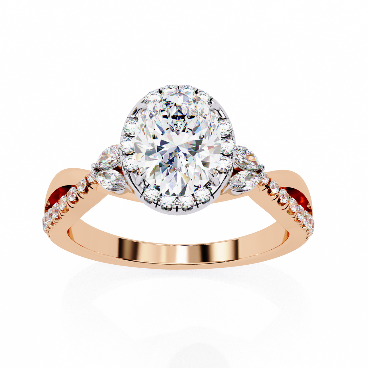 Rose Gold Oval Cut Diamond Halo Ring with Marquise Accents and Twisted Pavé Band
