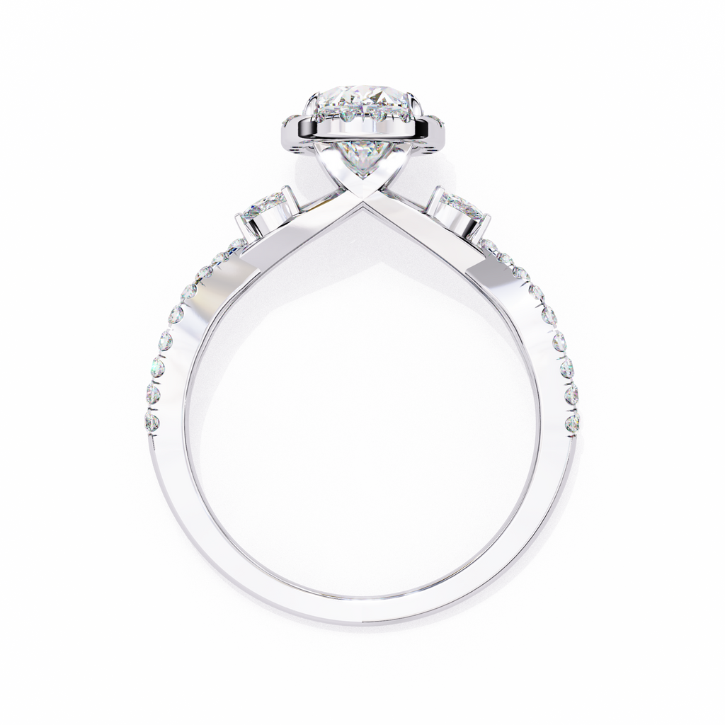 White Gold Oval Cut Diamond Halo Ring with Marquise Accents and Twisted Pavé Band