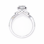 White Gold Oval Cut Diamond Halo Ring with Marquise Accents and Twisted Pavé Band