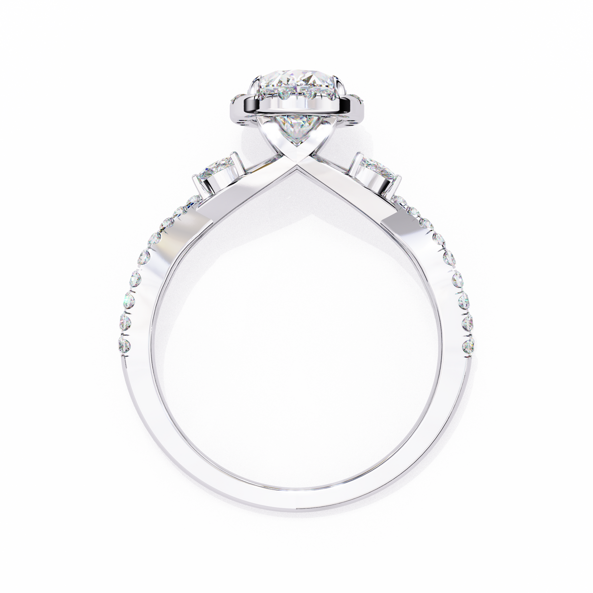 White Gold Oval Cut Diamond Halo Ring with Marquise Accents and Twisted Pavé Band