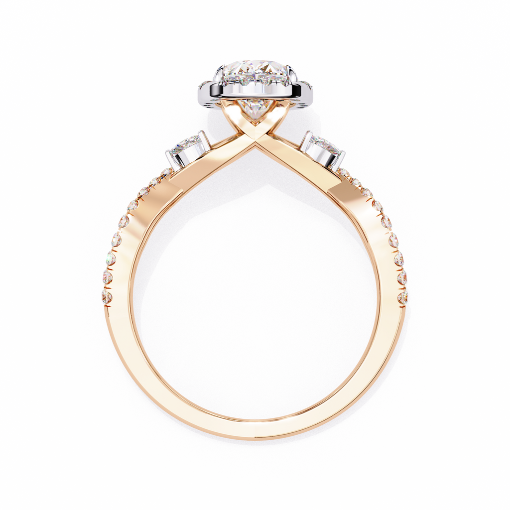 Rose Gold Oval Cut Diamond Halo Ring with Marquise Accents and Twisted Pavé Band