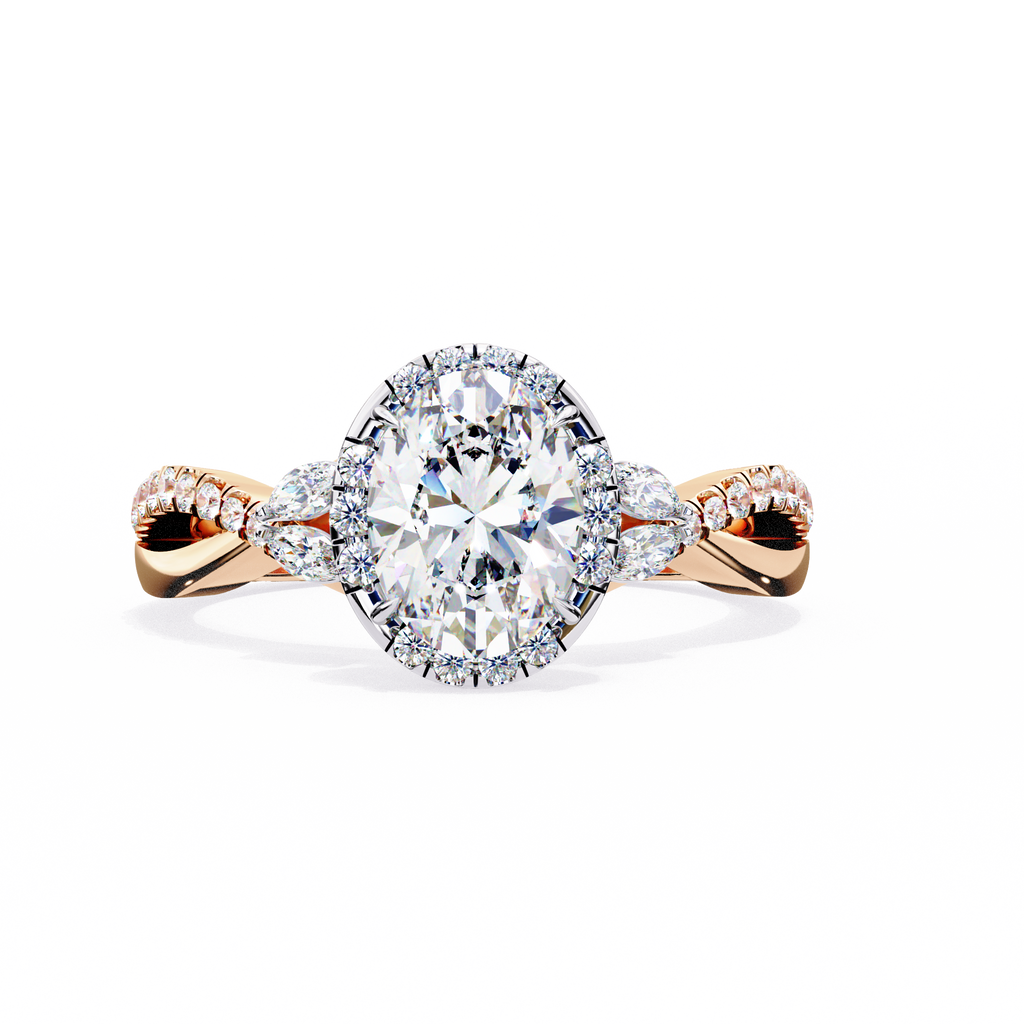 Rose Gold Oval Cut Diamond Halo Ring with Marquise Accents and Twisted Pavé Band
