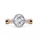 Rose Gold Oval Cut Diamond Halo Ring with Marquise Accents and Twisted Pavé Band