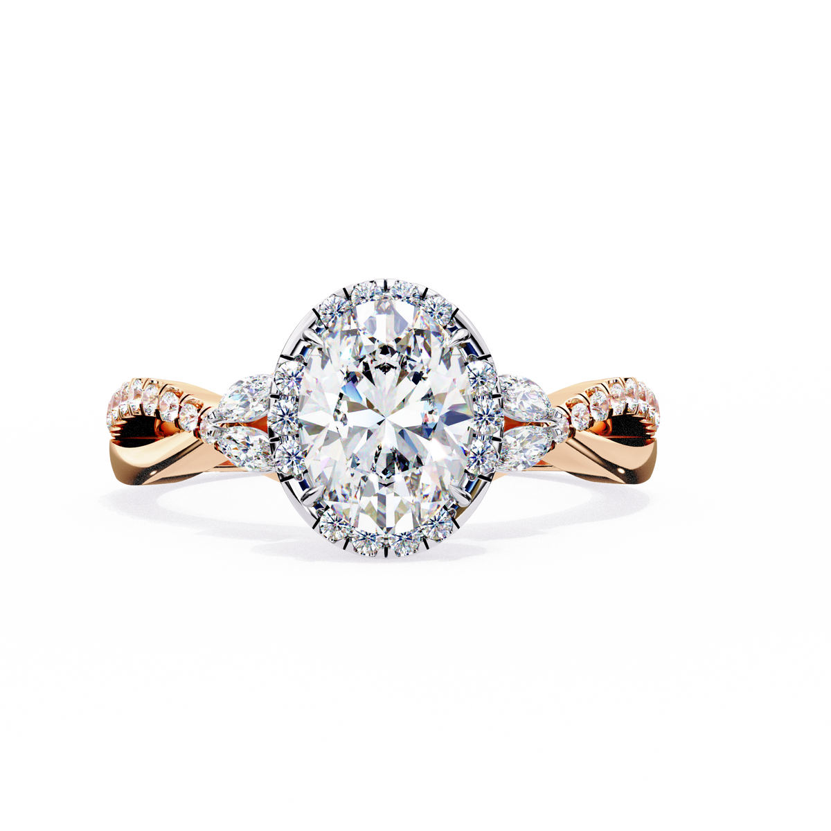 Rose Gold Oval Cut Diamond Halo Ring with Marquise Accents and Twisted Pavé Band