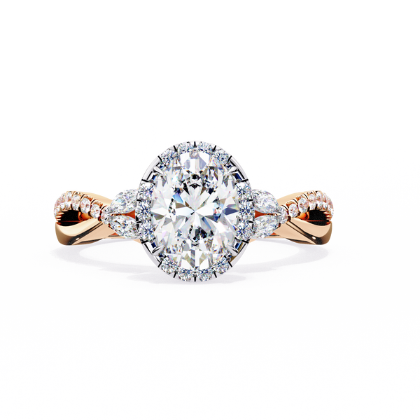 Rose Gold Oval Cut Diamond Halo Ring with Marquise Accents and Twisted Pavé Band