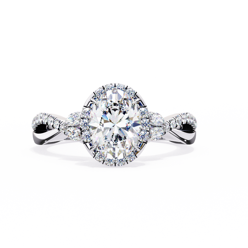 White Gold Oval Cut Diamond Halo Ring with Marquise Accents and Twisted Pavé Band
