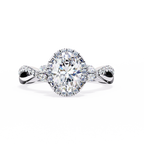White Gold Oval Cut Diamond Halo Ring with Marquise Accents and Twisted Pavé Band