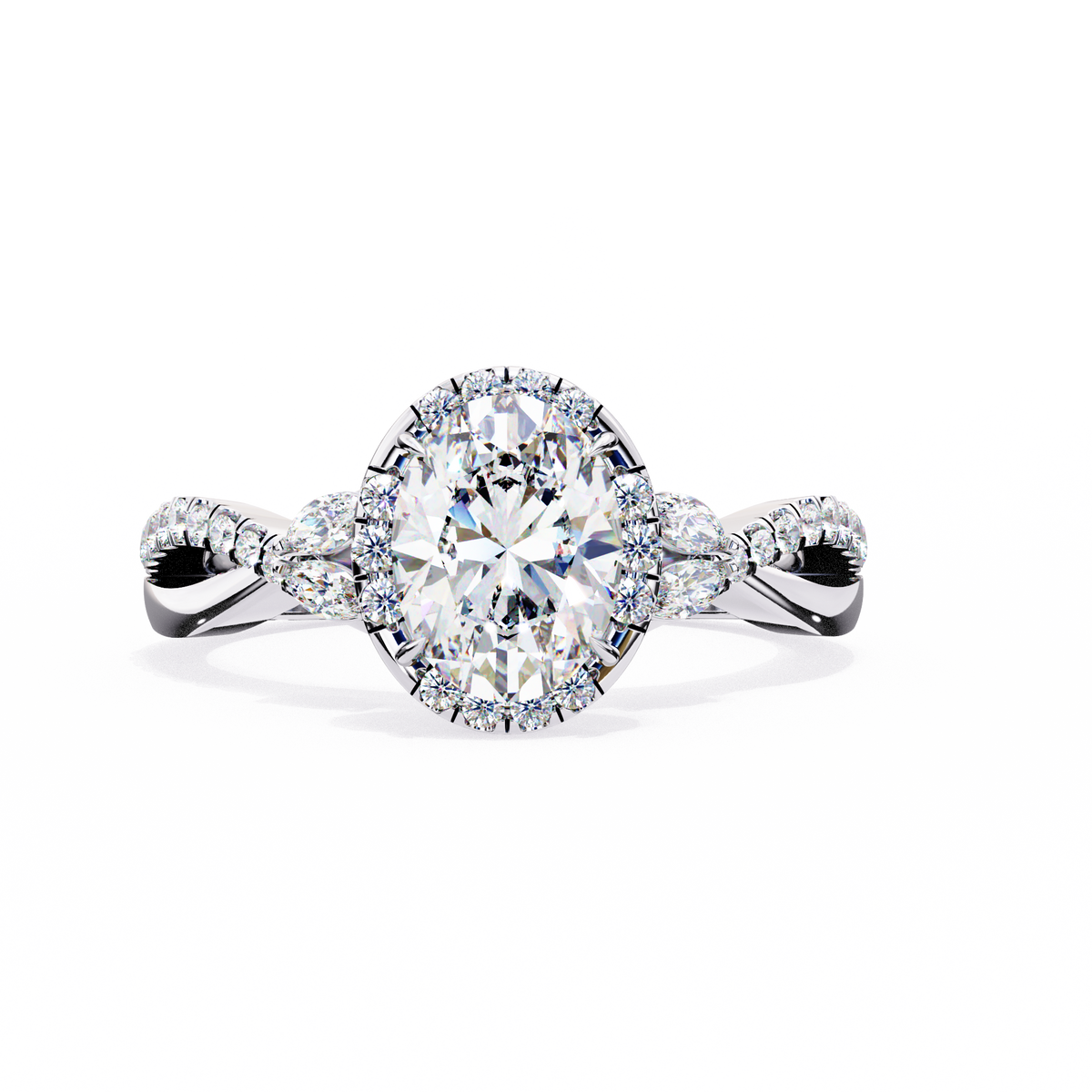 White Gold Oval Cut Diamond Halo Ring with Marquise Accents and Twisted Pavé Band