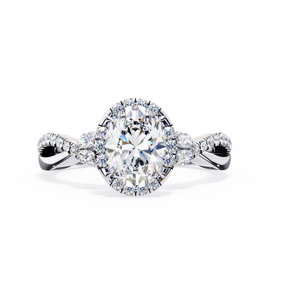 White Gold Oval Cut Diamond Halo Ring with Marquise Accents and Twisted Pavé Band