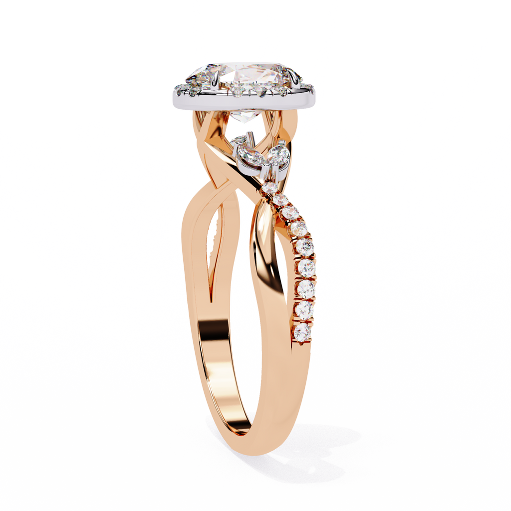 Rose Gold Oval Cut Diamond Halo Ring with Marquise Accents and Twisted Pavé Band