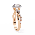 Rose Gold Oval Cut Diamond Halo Ring with Marquise Accents and Twisted Pavé Band
