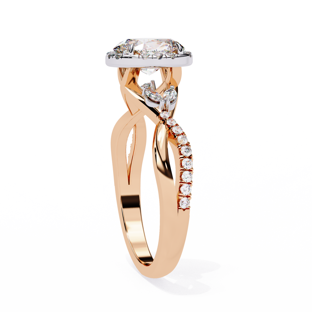 Rose Gold Oval Cut Diamond Halo Ring with Marquise Accents and Twisted Pavé Band